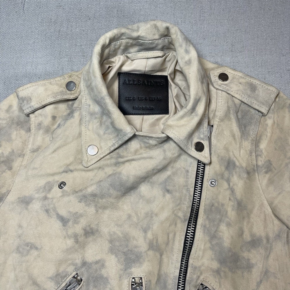 Allsaints Womens Suede Balfern Biker Jacket‎ Sz 4 Warm Taupe Marbled Luxury - Picture 12 of 16
